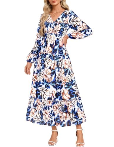 GRACE KARIN Women's Fall Wedding Guest Dresses 2026 Floral Long Sleeve V Neck Maxi Dress Boho Flowy Outfit with Pockets Blue Yellow Floral M - Image 1