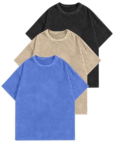 Aiyino Women's Oversized Cotton T-Shirts 3 Pack Vintage Washed Loose Fit Short Sleeve Crew Neck Casual Basic Tee Blue/Khaki/Black XXL - Image 1