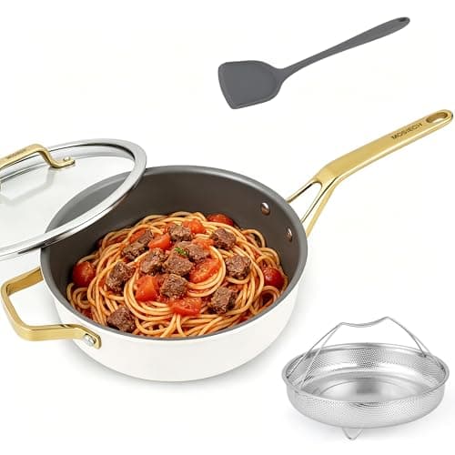 10-in-1 White Ceramic Nonstick Deep Saute Pan Set With Steamer & Lid, 4QT - Image 1