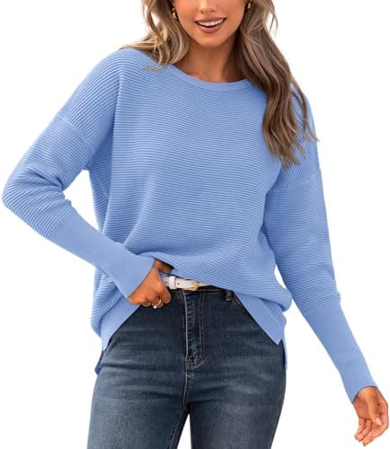 BTFBM Casual Women 2026 Fall Sweater Long Sleeve Ribbed Knit Pullover Loose Crewneck Batwing Split Sweater(Light Blue,Medium) - Image 1