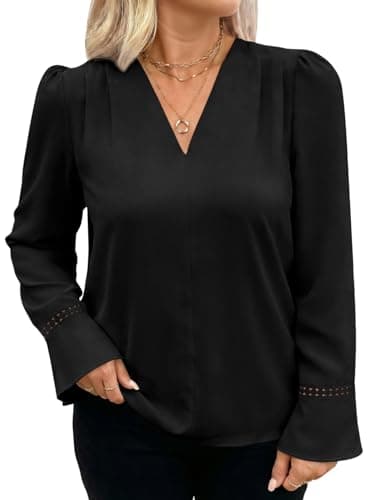 Eytino Women Plus Size Summer Tops Pleated V Neck Long Sleeve Chiffon Shirt 2026 Early Fall Fashion Clothes Outfits,1X Black - Image 1