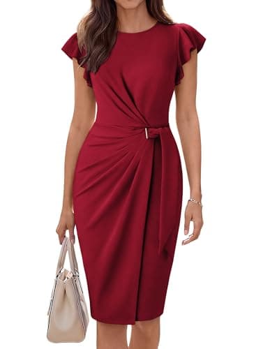 GRACE KARIN Dark Red Church Dresses for Women,Ruffle Short Sleeve Work Dress,Ruched Bodycon Business Midi Dress 2XL - Image 1