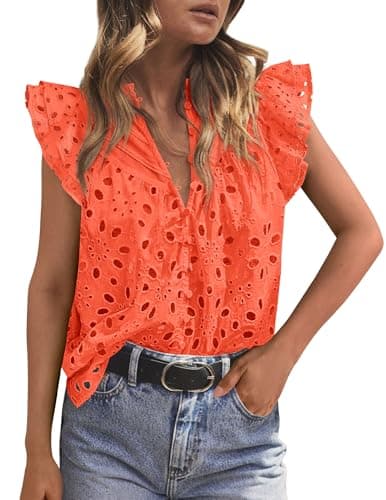 PRETTYGARDEN Womens Summer Tops 2026 Dressy Casual Ruffle Cap Sleeve Button V Neck Embroidered Eyelet Blouses Shirts(Orange,X-Large) - Image 1