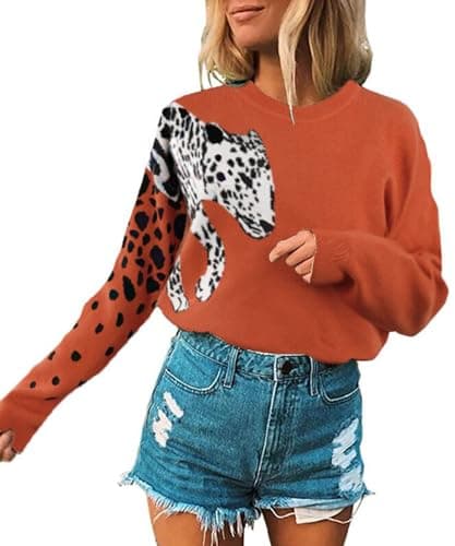 Angashion Women's Sweaters Casual Floral Printed Patchwork Long Sleeves Knitted Pullover Cropped Sweater Tops 182 Orange Small - Image 1