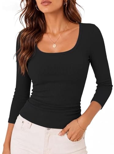 GKBK Womens 3/4 Sleeve Scoop Neck Tops Ribbed Knit Slim Fitted Casual Basic Tee Shirts 2026 Summer Fashion Trendy Work Casual T-Shirt Workout Outfits Thermal Undershirts Layering Clothes Black L - Image 1