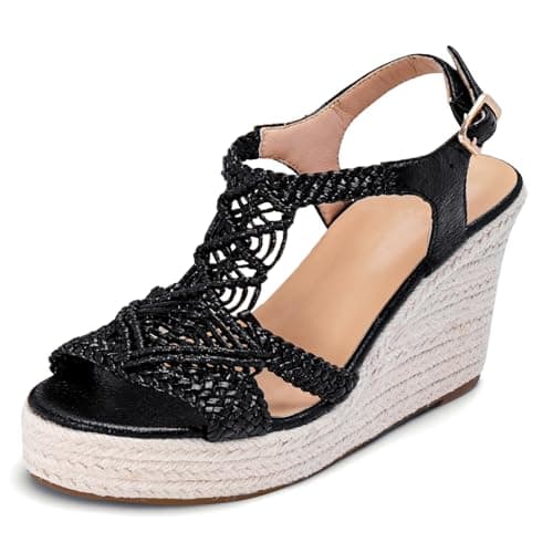 Women's Platform Wedges Sandals Jute Espadrilles for Women Ankle Buckles Dressy Comfortable Beach Wear Wedge Heels Bohemian Summer Dress Sandal for Causal Tropical Vacations Weddings sandalias de plataforma para mujer Glitter Black Size 7 - Image 1