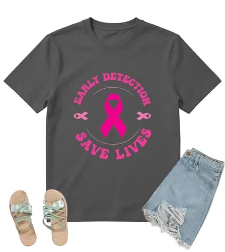 Breast Cancer Awareness Shirt Women-Early Detection Save Lives Pink Ribbon T-Shirt Survivor Support Short Sleeve Tee Top - Image 1
