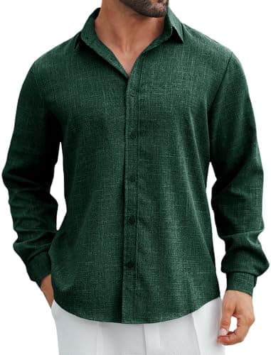 MAPICK Men's Linen Shirt Long Sleeve Button Down Casual Shirts Untucked Dress Shirts Beach Vacation Fall Tops(Dark Green,Small) - Image 1