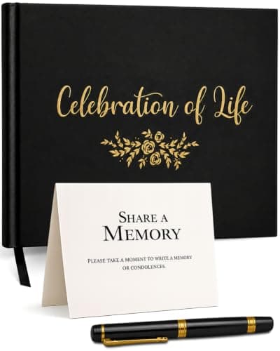 J&A Homes Funeral Guest Book for Celebration of Life Memorial Service - Pen Included - Memory Book for Funeral Guests - Table Sign & Back Pocket - 300 Entries, Gold Foil, 9x7 Inches - Image 1