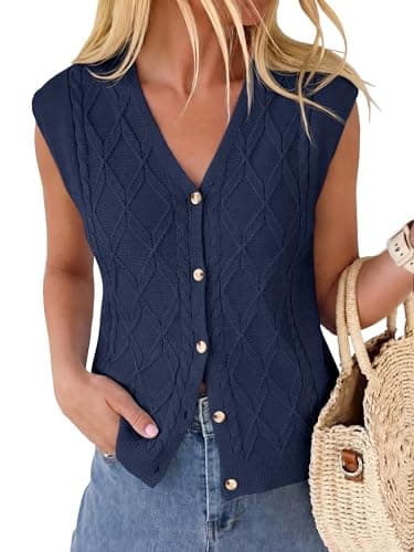 BTFBM Vest Tops for Women Summer V Neck Button Loose Lightweight Cardigan Knit Cap Sleeve Sweater Vests Fashion Clothing(Navy Blue, Small) - Image 1
