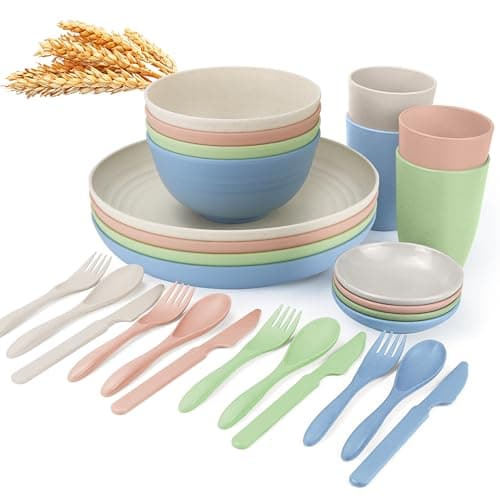 Wrova wheat straw bowls,plates,cups and cutlery sets 28 pcs - Unbreakable Dishwasher Safe dinnerware sets service for 4 - Ideal dish sets for kitchen, camping, indoors and out doors.Nordic - Image 1