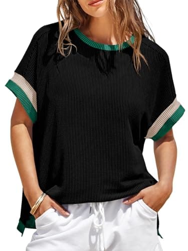 Womens Color Block Oversized Tops Trendy Casual Summer Textured Ribbed Knit T Shirts Loose Fit Short Sleeve Tshirts Black - Image 1