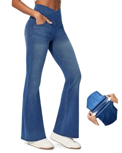 IUGA High Waisted Bell Bottom Jeans for Women Flare Stretchy Jeans Pull On Wide Leg Jean Woman V Cross Flare Leggings Pants(Whiskers Medium Wash, 31", Small) - Image 1