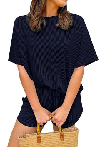KIRUNDO 2 Piece Sets for Women Summer Shorts Lounge Set Matching Ribbed Knit Short Sleeve Top Airport Travel Vacation Outfits(Navy, XX-Large) - Image 1