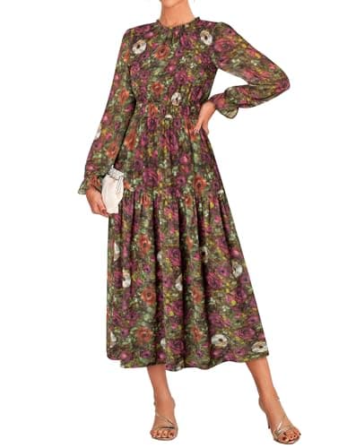 GRACE KARIN 2025 Fall Long Sleeve Dress for Women Crew Neck Smocked Ruffle Chiffon Flowy Maxi Dress with Pockets Vintage S - Image 1