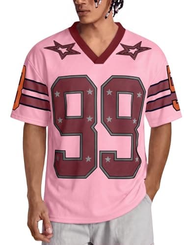 Crastimo Unisex Jersey Shirts Number Print Top V Neck Breathable Mesh Loose-Fitting Streetwear Lightweight Short Sleeve 90s Vintage Concerts Pink XL - Image 1