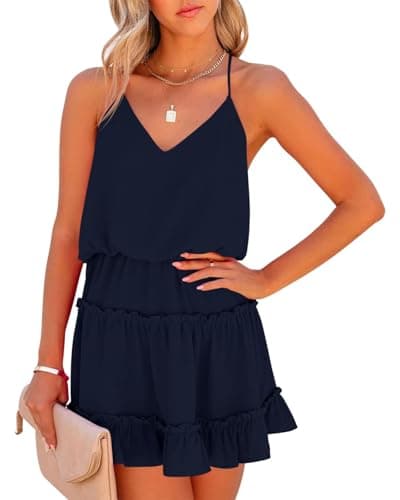 Newffr Womens V Neck Summer Dress Sleeveless Mini Dress Ruffle Dress Spaghetti Strap Racerback Sun Flowy Dress Navy Blue - Image 1