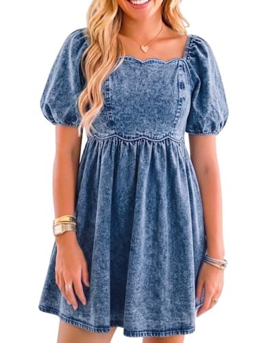 POLIRO Denim Dress Babydoll Jean Square Neck Puff Sleeve Casual Country Concert Dresses with Pockets for Women 2026 Western Y2K Plus Ocean Blue Size XX-Large Size 20 22 - Image 1