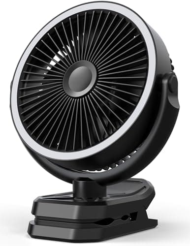 Raynocti 10000mAh Portable Clip on Fan Rechargeable, 8 Inch Battery Powered Desk Fan, LED Lantern, 360° Rotate & 3 Speeds Strong Airflow for Camping Tent Office Outdoor Travel Golf Cart,Black - Image 1