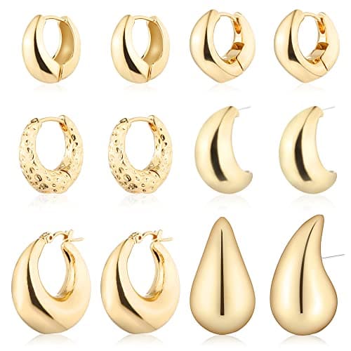 Wgoud 6 Pairs Gold Hoop Earrings Set for Women, 14K Gold Plated Hypoallergenic Lightweight Chunky Open Huggie Hoops Earrings Jewelry for Gift. (6 gold hoops set) - Image 1