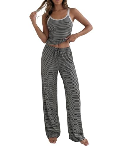 BTFBM Lounge Sets For Women 2026 Striped 2 Piece Sets Spaghetti Strap Summer Tops Wide Leg Pants Beach Vacation Outfits(Striped Black White, XX-Large)
