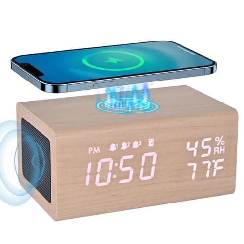Wooden Digital Alarm Clocks,10W Wireless Charging with 3 Alarms, Dual 5W Stereo Bluetooth Speaker and Light Up with Sound, Adjustable Brightness Date Display Clock for Bedroom, Heavy Sleepers Adults - Image 1