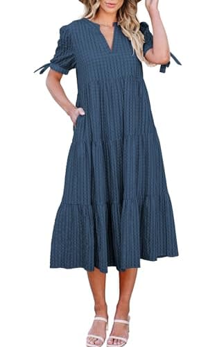 ECOWISH Women Summer Casual Dress - V Neck Short Sleeve Gingham Midi Pleated Tiered Loose Fit Holiday Picnic Dresses Navy Blue Medium - Image 1