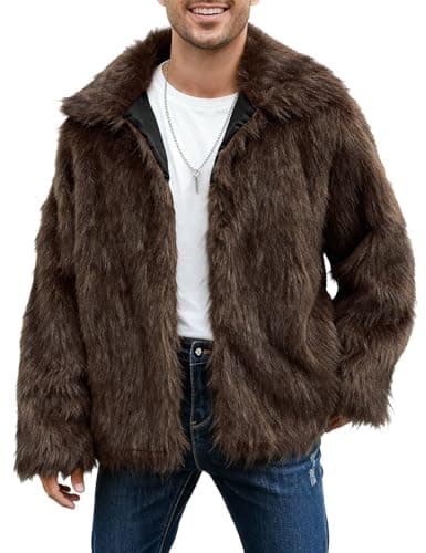 Eisctnd Men's Faux Fur Coat, Warm Fluffy Fuzzy Fleece Jacket with Lapel Collar for Winter Fashion Trench Outerwear(Coffee-S) - Image 1