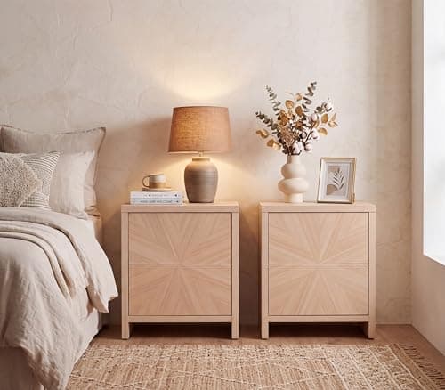 VividVibe Natural Oak Nightstand Set of 2- Sunburst Veneer Pattern Antique Bedroom Nightstand Side Table Bedside Table Accent Table Mid Century Modern Farmhouse Minimalist Coastal Wooden End Table - Image 1