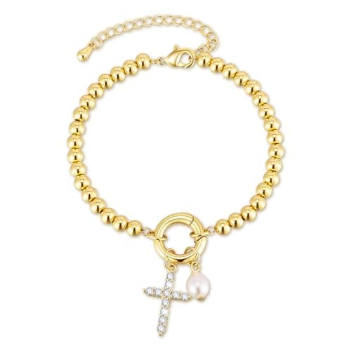 MPRAINBOW Womens Gold Beaded Cross Bracelet - 14k Gold Plated Baroque Pearl Zircon Cross Bracelets,Non Tarnish Religious Jewelry,Catholic Confirmation Baptism Easter Gifts for Woman - Image 1