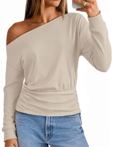 MEROKEETY Women's Off The Shoulder Tops Long Sleeve Fall Shirts, Sand, XXL - Image 1