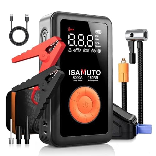 ISAMUTO 3000A Car Battery Jump Starter with Air Compressor, 150PSI Fast Inflate Jump Starter Portable (8L Gas 6L Diesel Engine), 4 in 1 Jump Box for Car Battery 12000mAh - Image 1