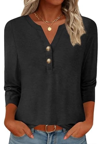 GKBK Womens Tops 3/4 Length Sleeve V Neck Button Down Raglan T Shirts Business Casual Work Basic Tees Workout Summer Party Trendy Cute 2026 Dressy Casual Clothing Ladies Blouses Black XL - Image 1