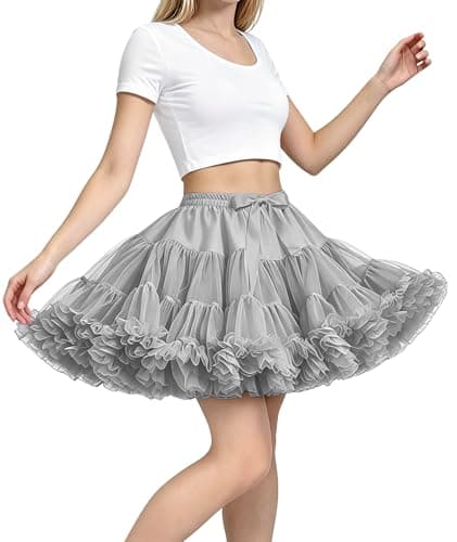 Women Short Tulle Petticoat Skirt Satin Lined Elastic High Waist Underskirt Tutu for Wedding Ballet Lolita Party Grey - Image 1