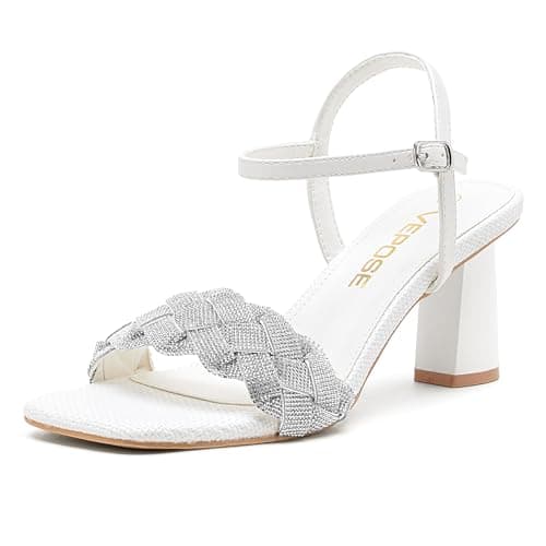 Vepose Women's White Sparkly Band Heeled Sandals, Rhinestone Square Open Toe - Approx. 3 Inch Chunky Block Heels for Wedding Guest Prom Graduation Evening Daily Wear, Size 9.5 (CJY6123 white 09.5) - Image 1