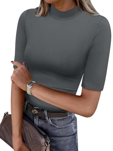 ANRABESS Women Tops Mock Neck 1/2 Short Sleeve Slim Fit Basic Tee Shirts Dressy Work Business 2026 Summer Fall Casual Outfits Dark Gray Small - Image 1