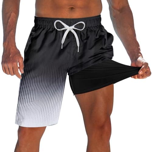 Board Shorts for Mens Black White Men's Swim Trunks with Brief Liner 9" Hawaii Beach Shorts Quick Dry Cycling Black White Men Swim Trunks with Pockets Running Holiday Board Shorts Men Cool Wear M - Image 1