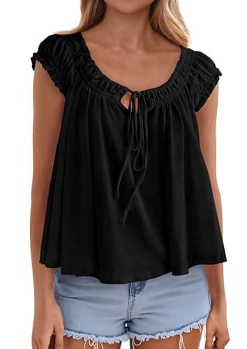 PRETTYGARDEN Women Babydoll Tops 2026 Summer Clothes Cap Sleeve Tie Front Flowy Tank Top Peplum Blouses Cute Going Out Shirts (Black,XX-Large) - Image 1
