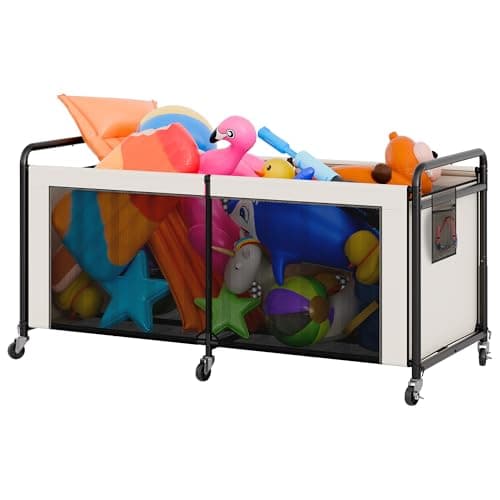 StorageWorks 295 Gallon Pool Float Storage, Mesh Pool Toy Storage Bin with Wheel and Side Pockets, Large Swimming Organizer, Outdoor Noodles Holder, Beige - Image 1