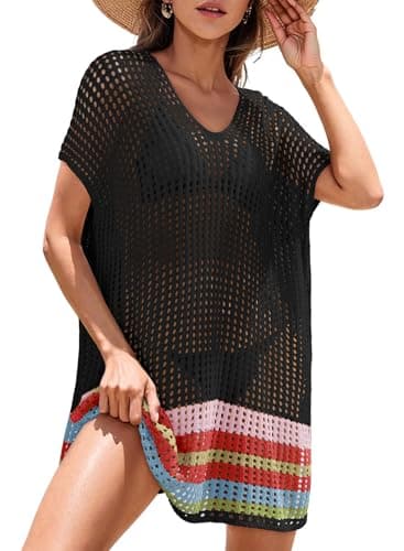 Dokotoo Women's Swimwear Beach Bikini Swimsuit Cruise Outfits Cover Up Cap Sleeves Coverup Resort Wear Crochet 2025 Striped Bathing Suit Beach Vacation Essentials,Black Small - Image 1