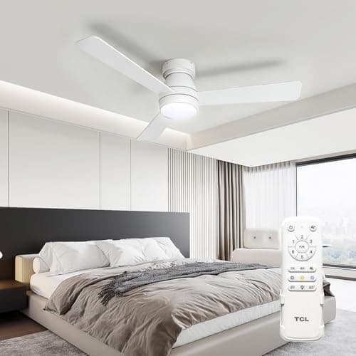 TCL Ceiling Fans with Lights, 42 inch 3 blades Low Profile and Remote Control, Reversible, Flush Mount, 3CCT, Dimmable, Noiseless, Black Ceiling Fan for Bedroom, Indoor Use (White, 42 Inch)