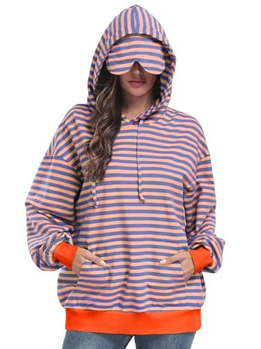 SeSe Code Hoodie With Eye Mask Striped Airplane Travel Womens Mens Oversized Sweatshirt Sleep Pullover Color Block Pink Blue 2XL - Image 1
