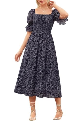 Scarlet Darkness 2026 Summer Floral Dress for Women Cottagecore Smocked Midi Dresses Navy Blue Purple Floral S - Image 1