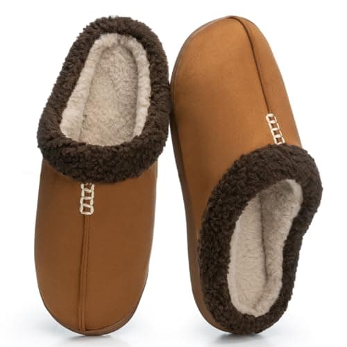 GOEWY House Slippers for Men with Memory Foam Indoor Outdoor Moccasin House Shoes Warm Slip On with Non-Slip Sole Gifts For Men Him Dad Brown 7 8 - Image 1