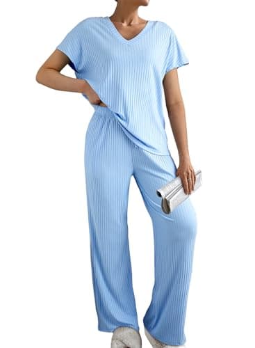 SHEWIN Womens Pajama Sets Short Sleeve 2 Piece Outfits V-neck Lounge Set Ribbed Knit Causal Sweatsuits Spring Clothes for Women 2026, Blue S - Image 1