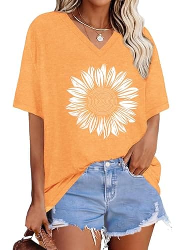 Graphic Tees for Women Vintage Oversized Sunflower Bech Tshirts Short Sleeve V Neck Casual Loose Flowers Vacation Tops,Orange Sunflower,Large - Image 1
