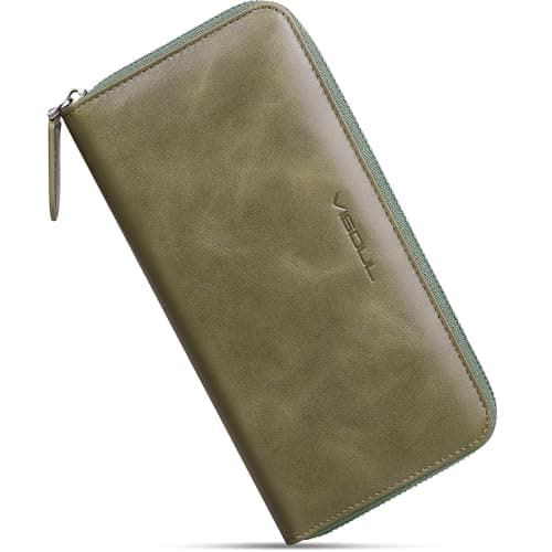 VISOUL Leather Long Zipper Pouch Wallet for Men and Women with RFID Blocking, Large Clutch Cash Long Wallet with Zipper (Olive Green) - Image 1