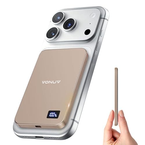 VONUV Magnetic Portable Charger 5000mAh, 15W Ultra Slim Wireless Portable Charger, Fast Charging for iPhone 16/15/14/13/12 Pro/Pro Max/Plus, Metal Shell, USB-C Cable to Charge Other Phones (Gold) - Image 1