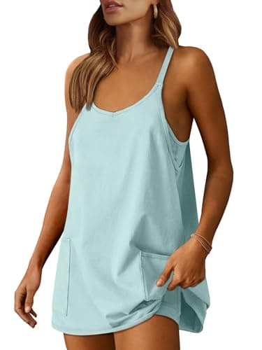 Caracilia Womens Summer Athletic Mini Dress Casual Sleeveless Built in Shapewear Romper Short Sundress Tennis Workout Outfits Light Blue XX-Large - Image 1