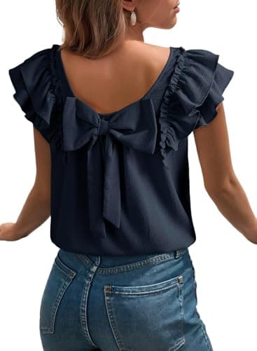 Dokotoo Womens Short Sleeve Tops Bow Tie Back Tops Square Neck Short Ruffle Sleeve Shirts Cute Babydoll Texture Women Summer Trendy Tunic Shirt Sail Blue X-Large - Image 1